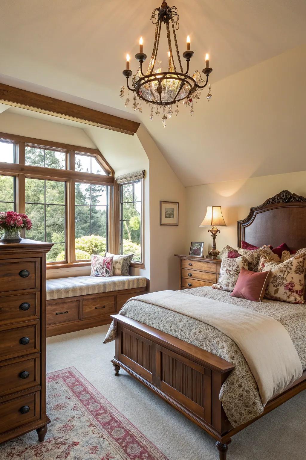 Accent lighting intensifying the allure of maple wood furniture.