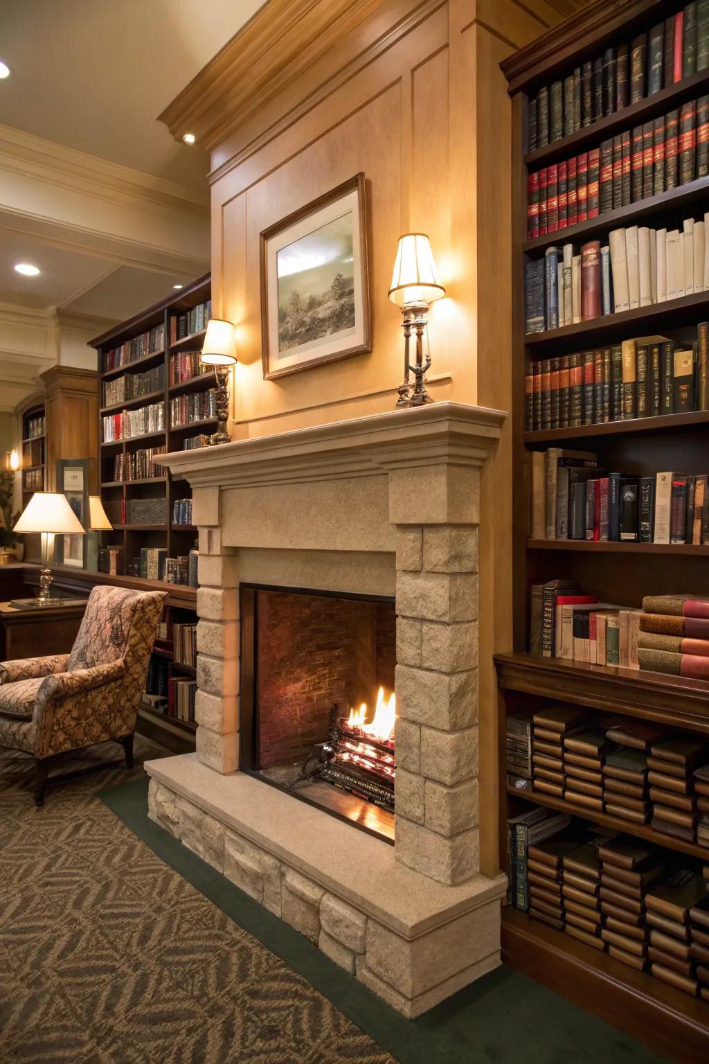 The presence of books in proximity to the hearth introduces a sense of inviting warmth and intellectual appeal.