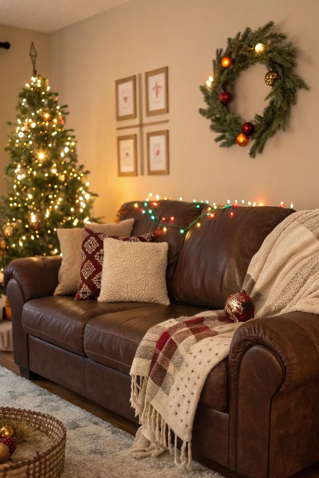 Seasonal decor adds festivity and freshness to a cocoa sofa living room.