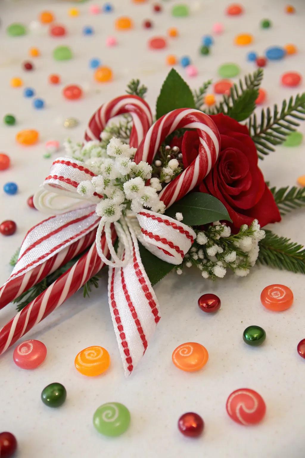 A playful holiday adornment inspired by striped cane patterns.
