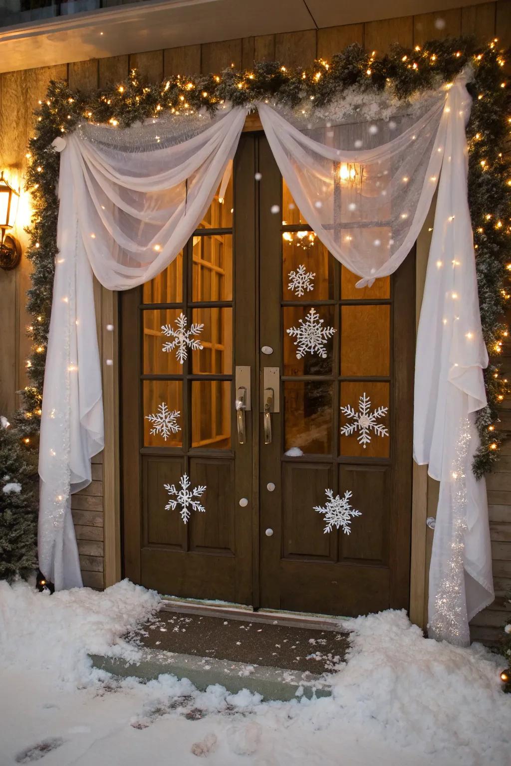 A winter season wonderland scene includes dreamy beauty to this door.