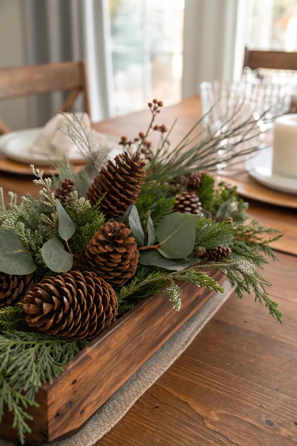 Cone accents and limbs produce a woodland, raw elegance.