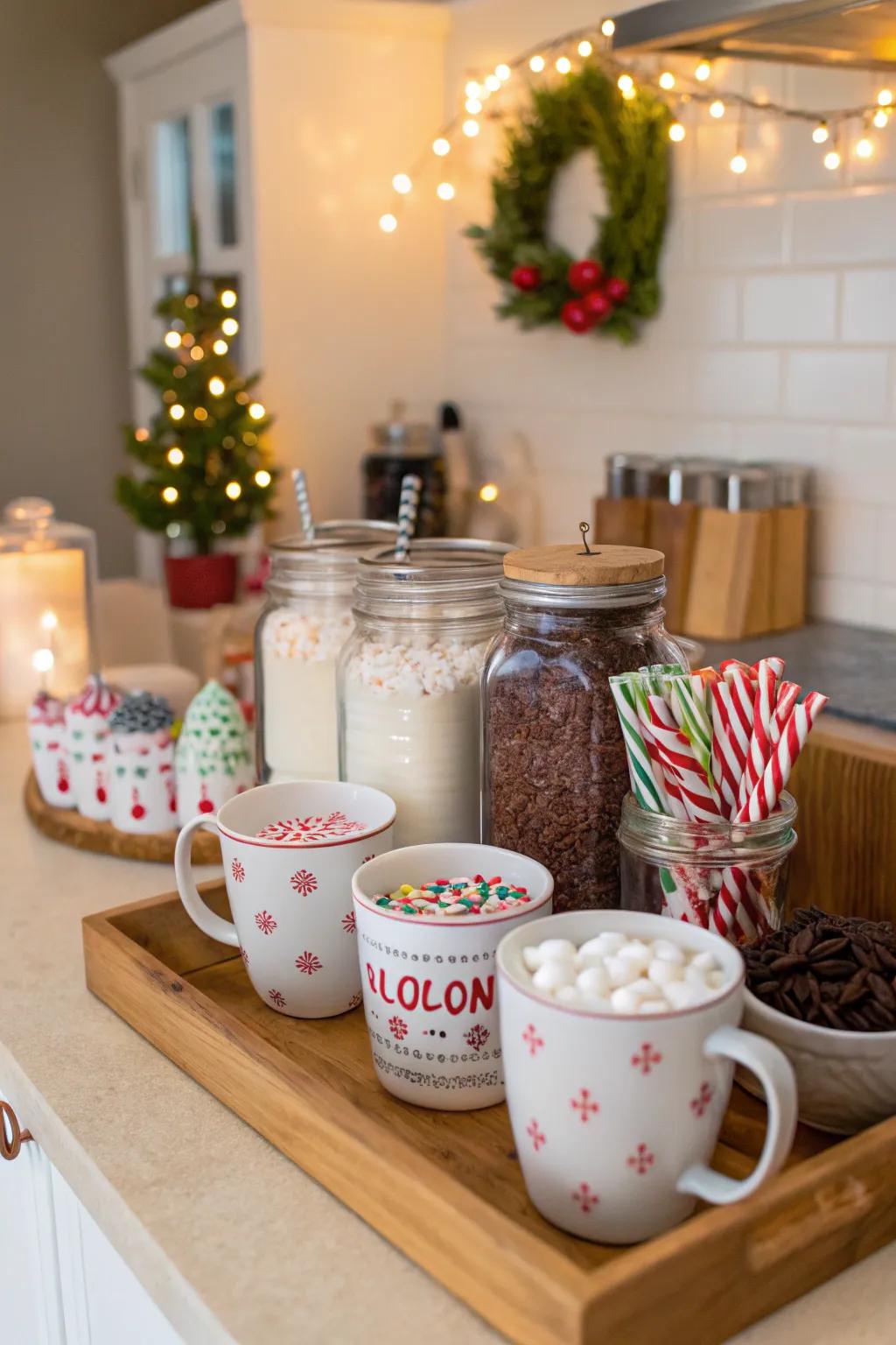 A hot chocolate corner makes for a comfortable enhancement to the kitchen.