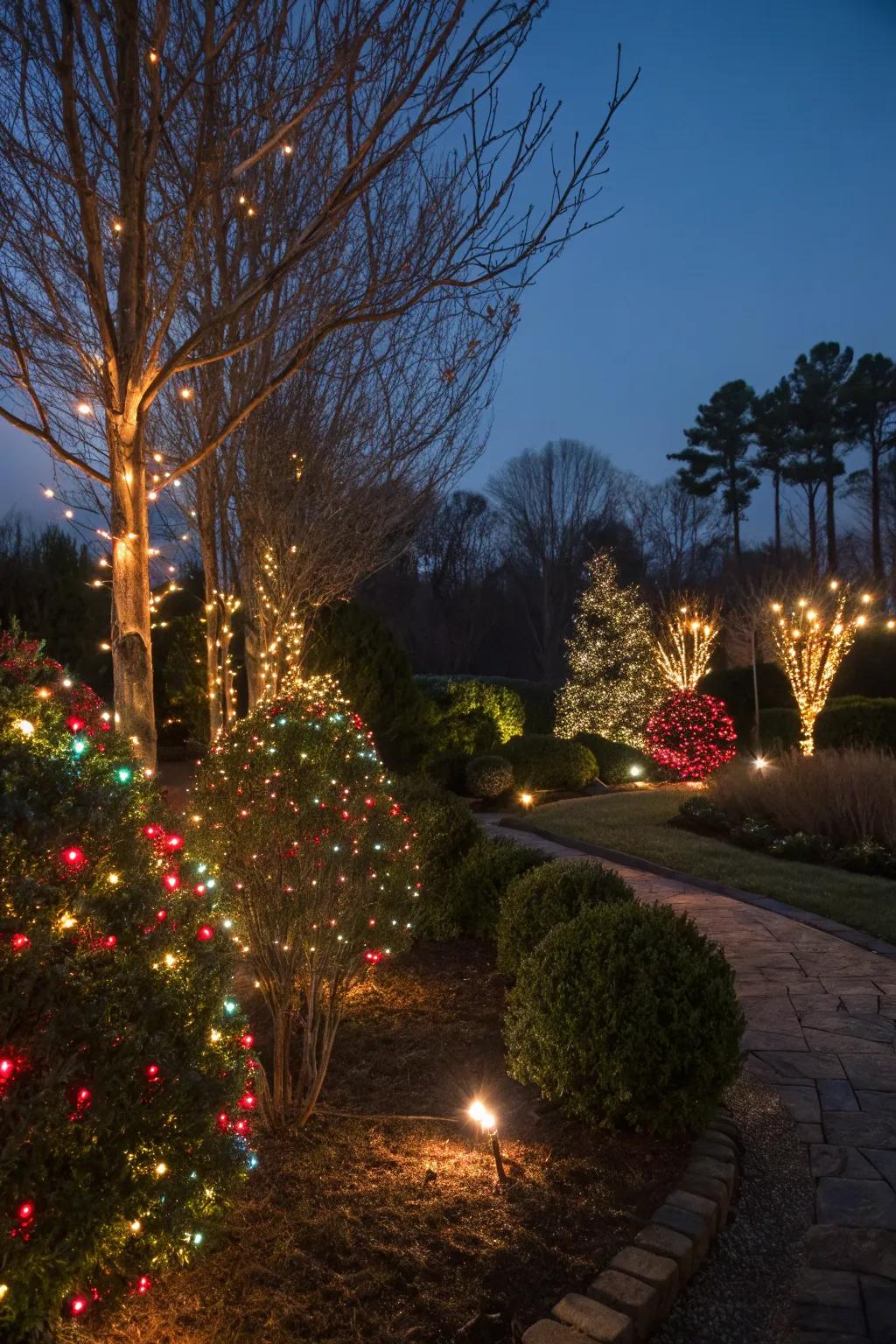 Small flora and shrubs beautifully illuminated with colorful holiday lights.