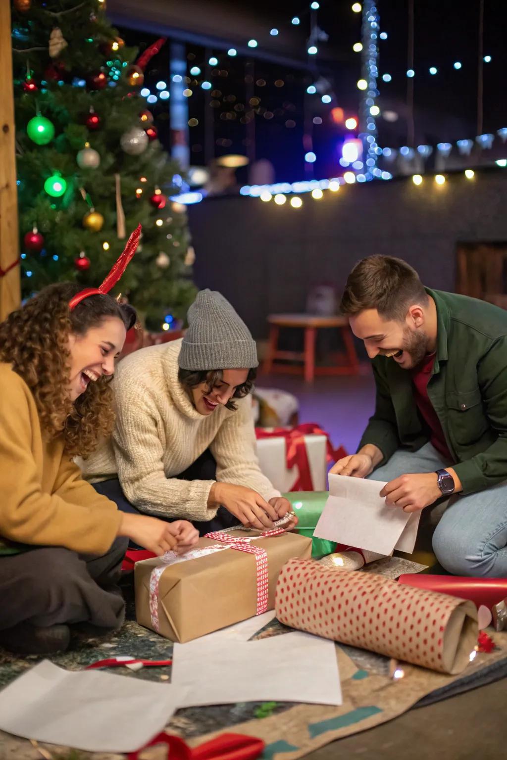 Present wrap relay challenge instilling ingenuity and amusement into the soiree.