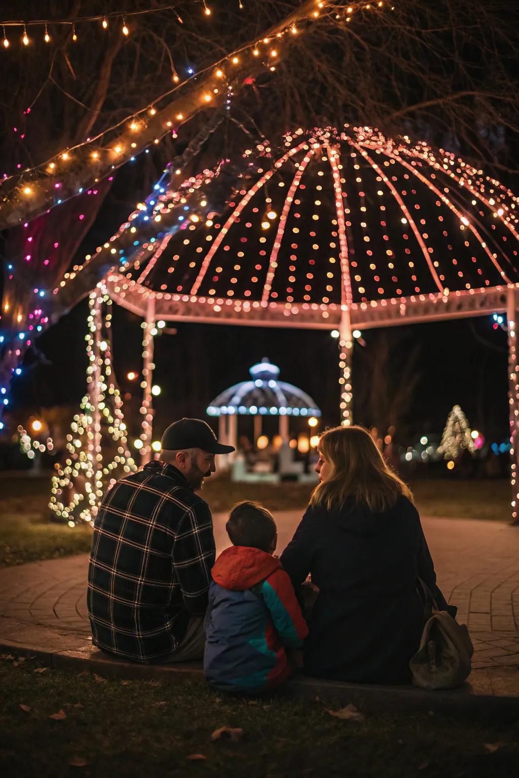 Family appreciating the glow from holiday lights.