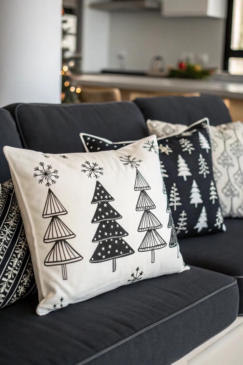 Elegant monochrome cushions for a contemporary festive aesthetic.