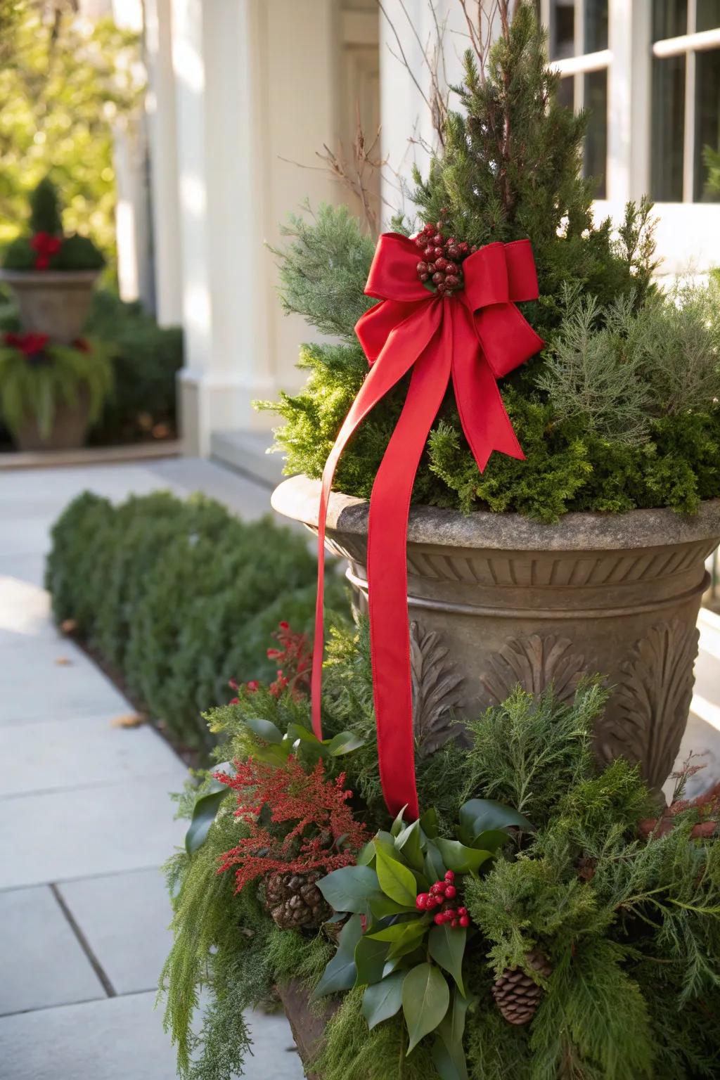 A refined ribbon imparts a polished impression to festive containers.