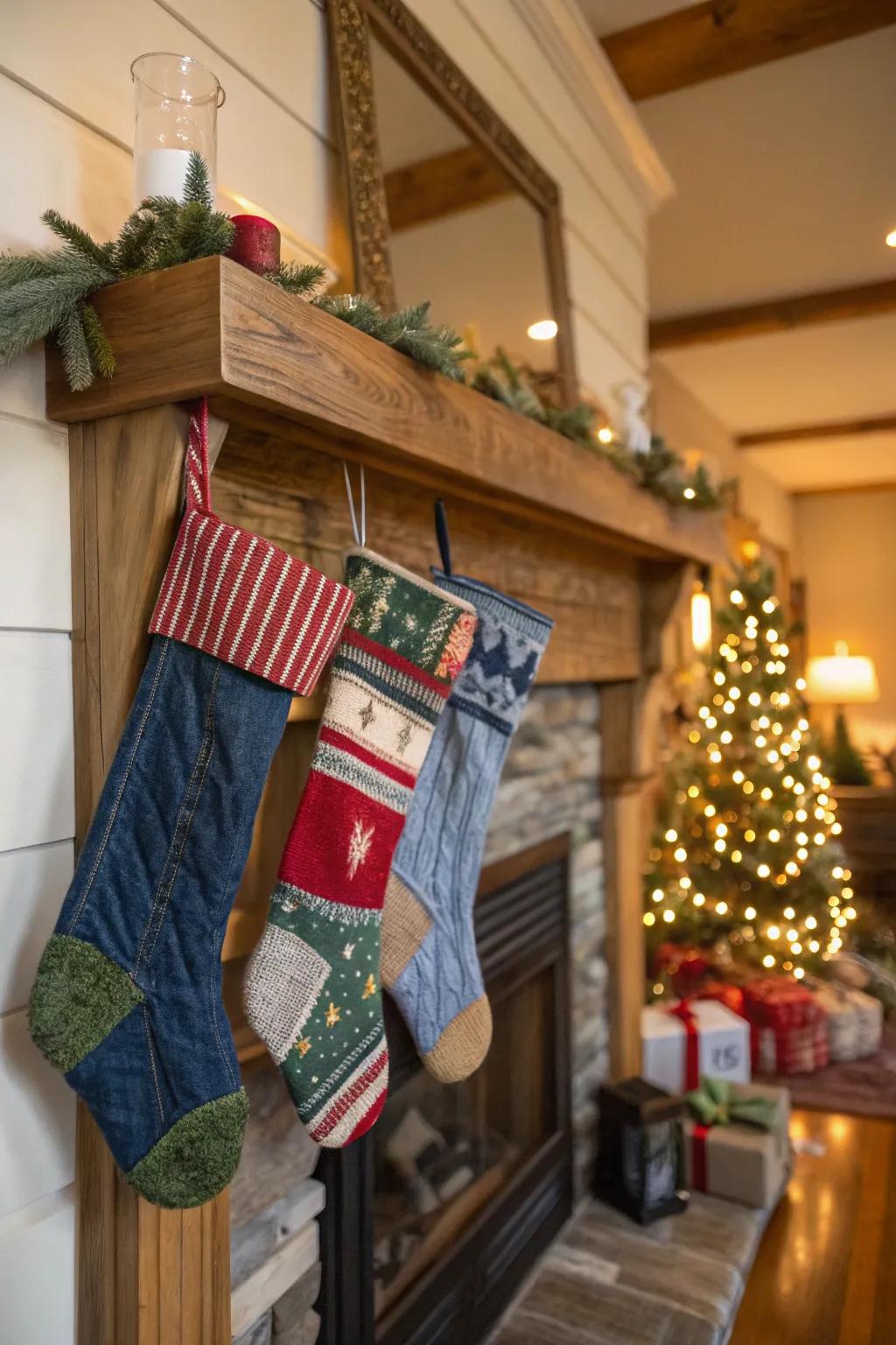 Ecologically sound stockings fashioned from recycled resources present a distinctive texture.