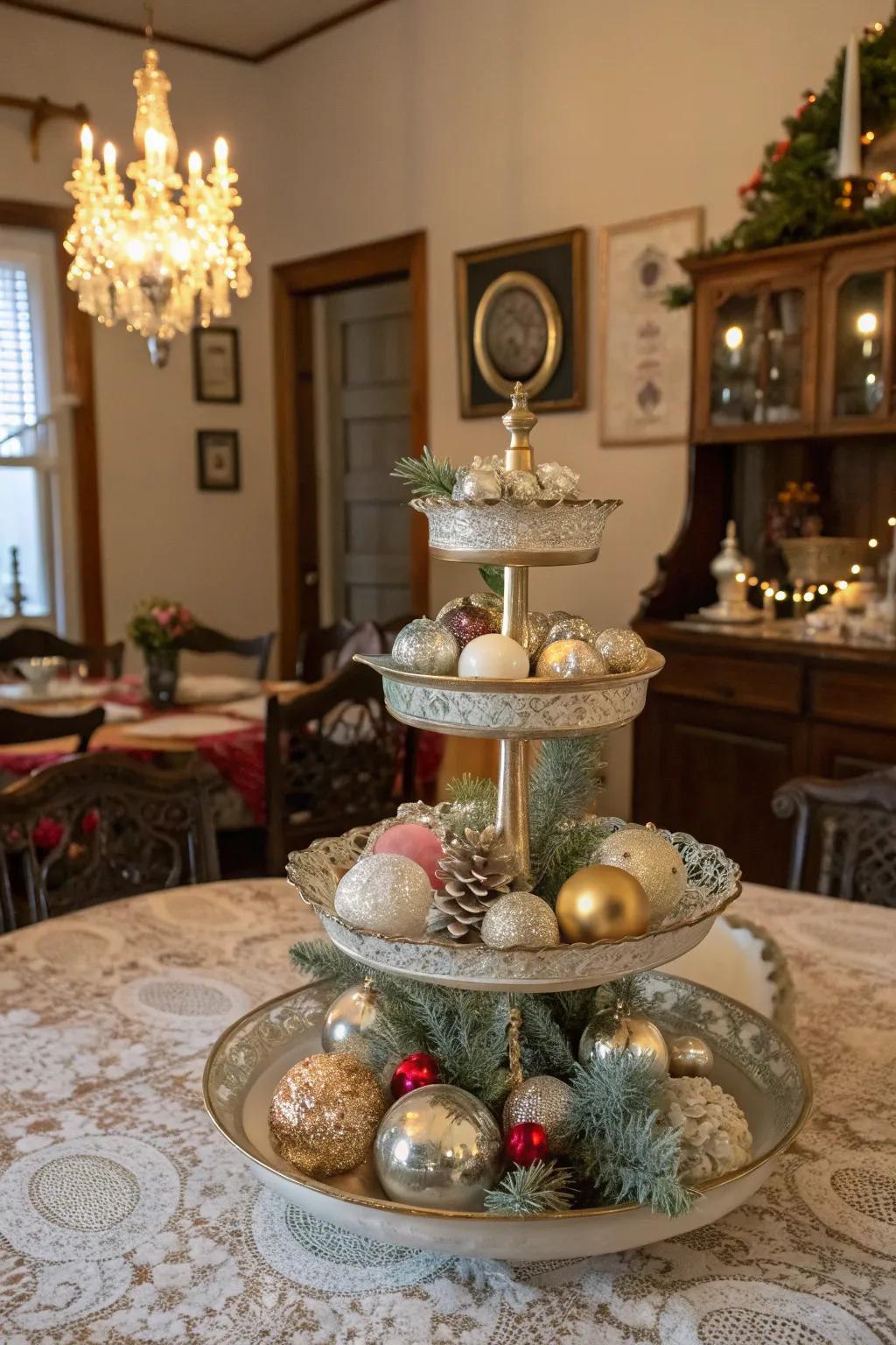 A charming classic yuletide display on a multi-level display.