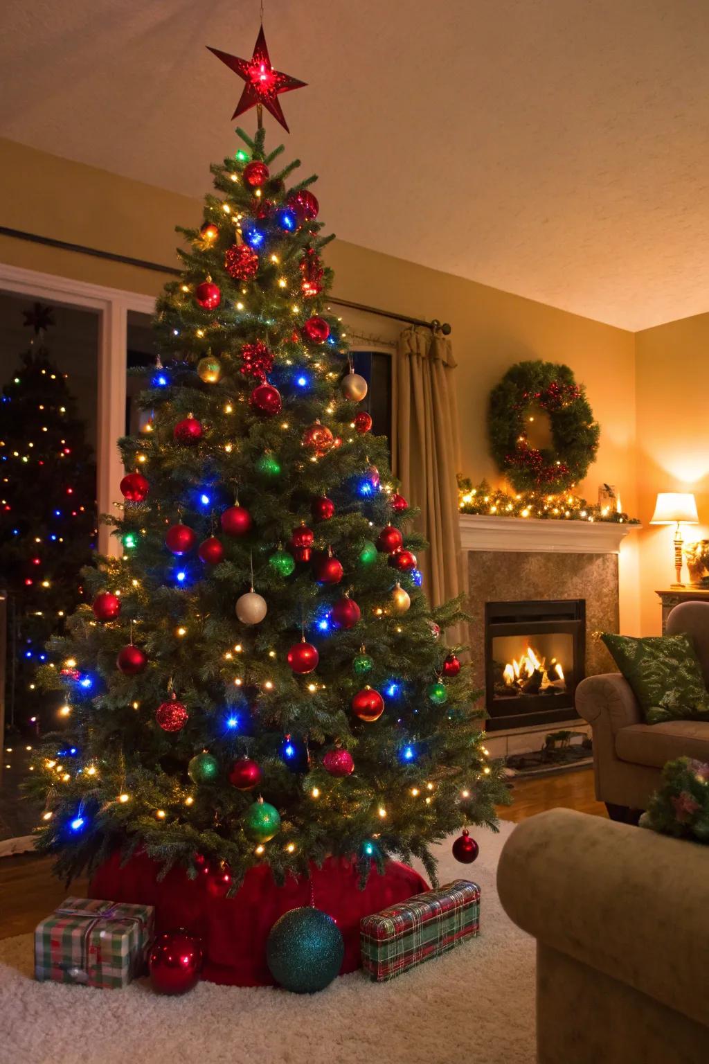 A spirited Christmas tree showcasing striking-shaded decorative items and string lights, forming a lively holiday tableau.