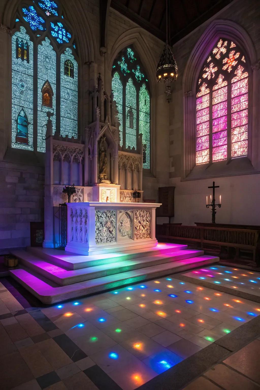 An altar that features dynamic adaptive illumination setups that reflect various themes.