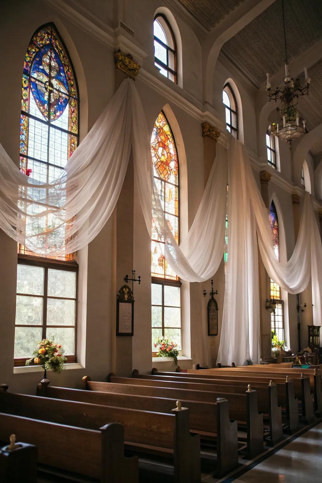 Church windows adorned with sophisticated sheer textiles.