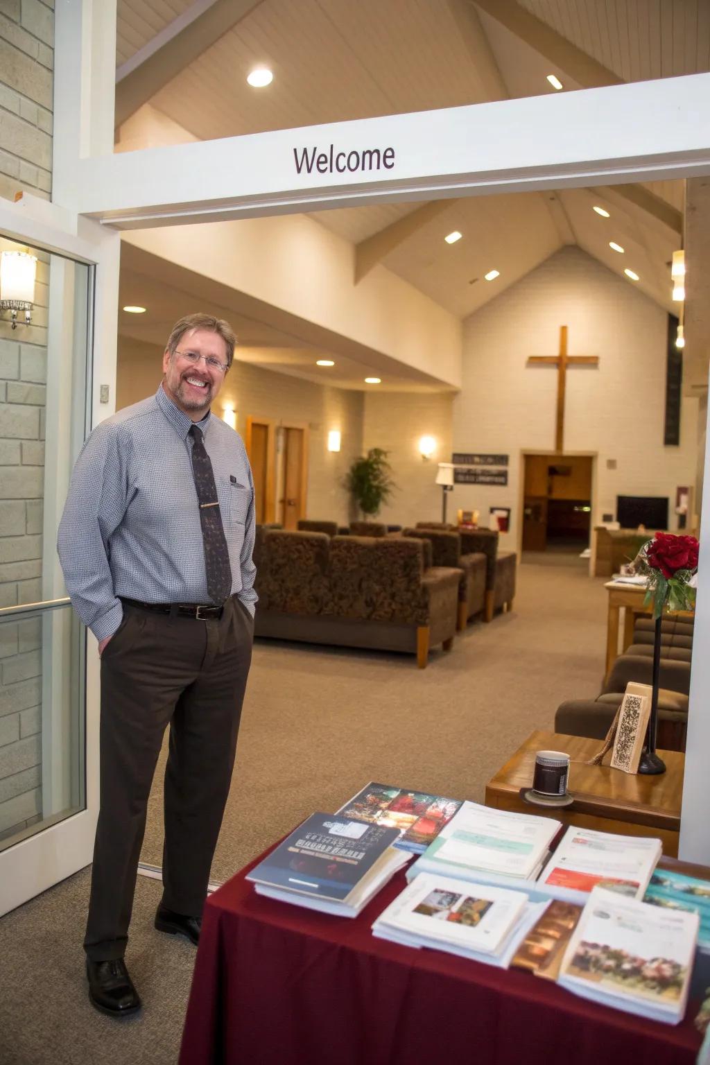 A pastor on duty ready for personal interaction.