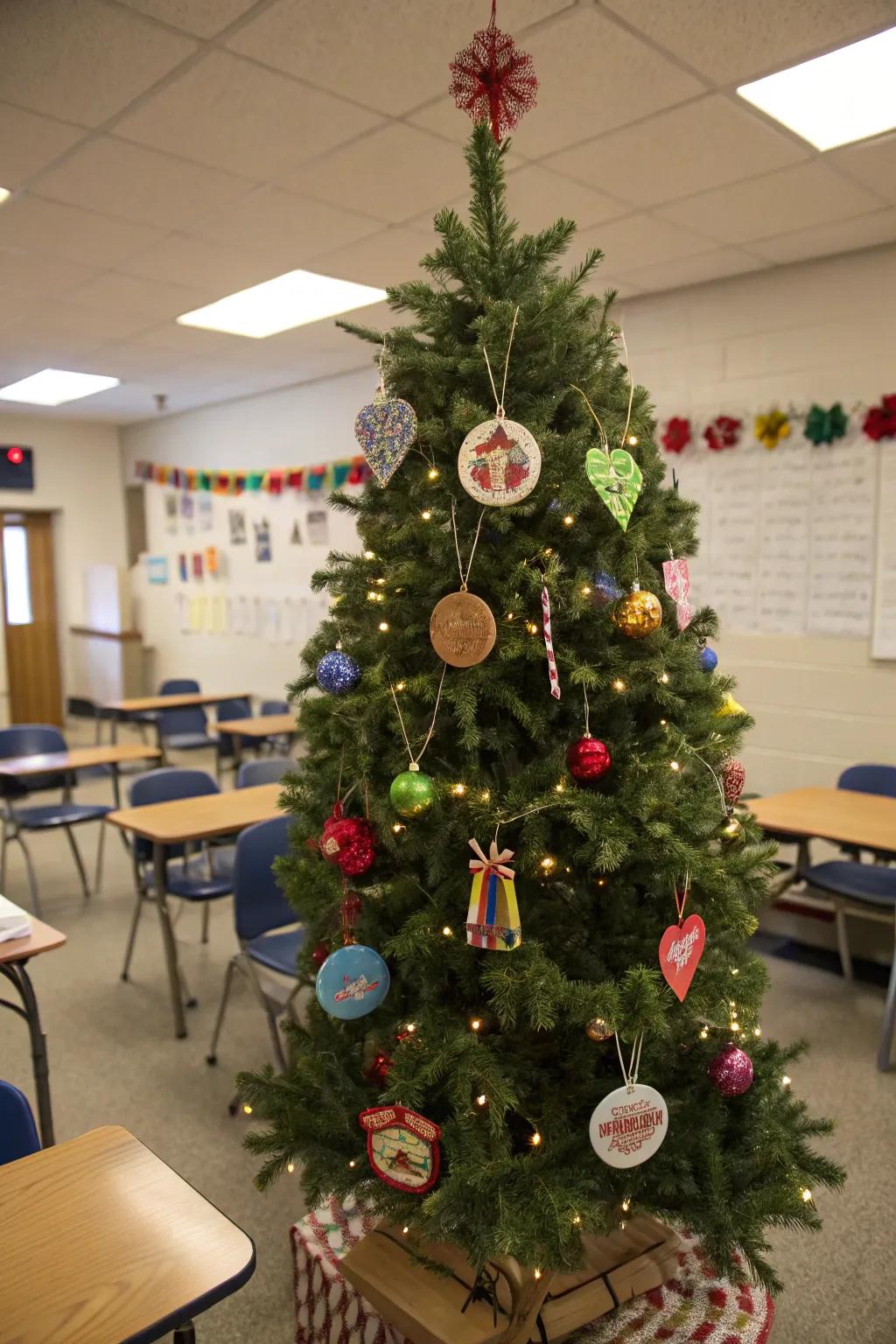 Christmas tree adorned with student-fashioned ornaments