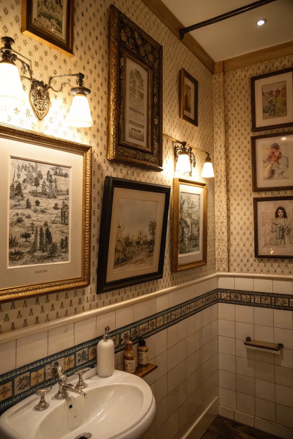 A bathroom featuring vintage-themed prints in ornate frames for a traditional aesthetic.