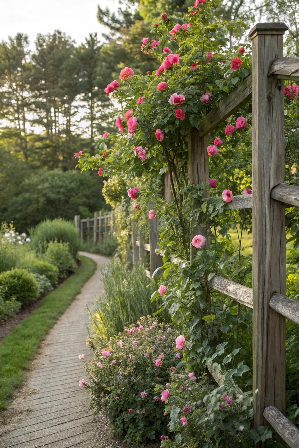 Achieve a natural garden aesthetic with rambling climbing roses.