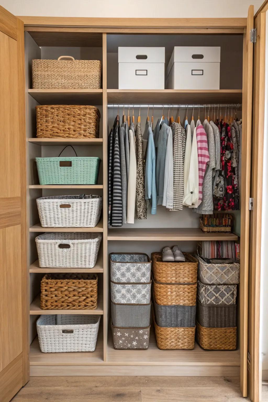 Baskets and containers offer storage options that are both practical and stylish.