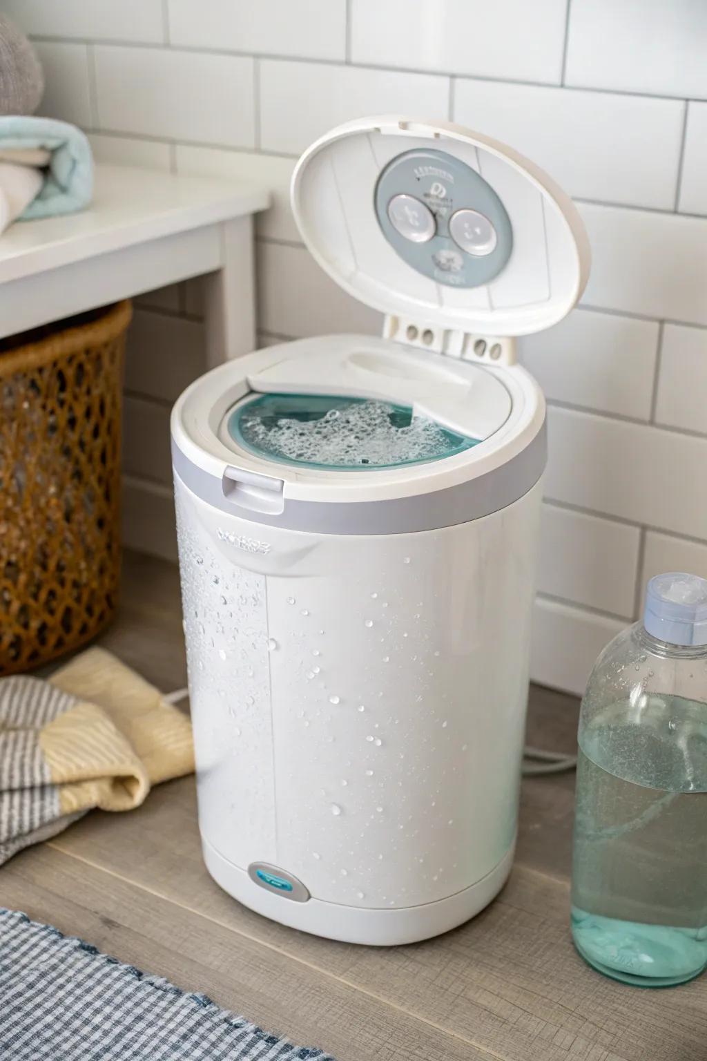 A sealed soaked nappy container, perfect for stain removal with the addition of essential oils for freshness.
