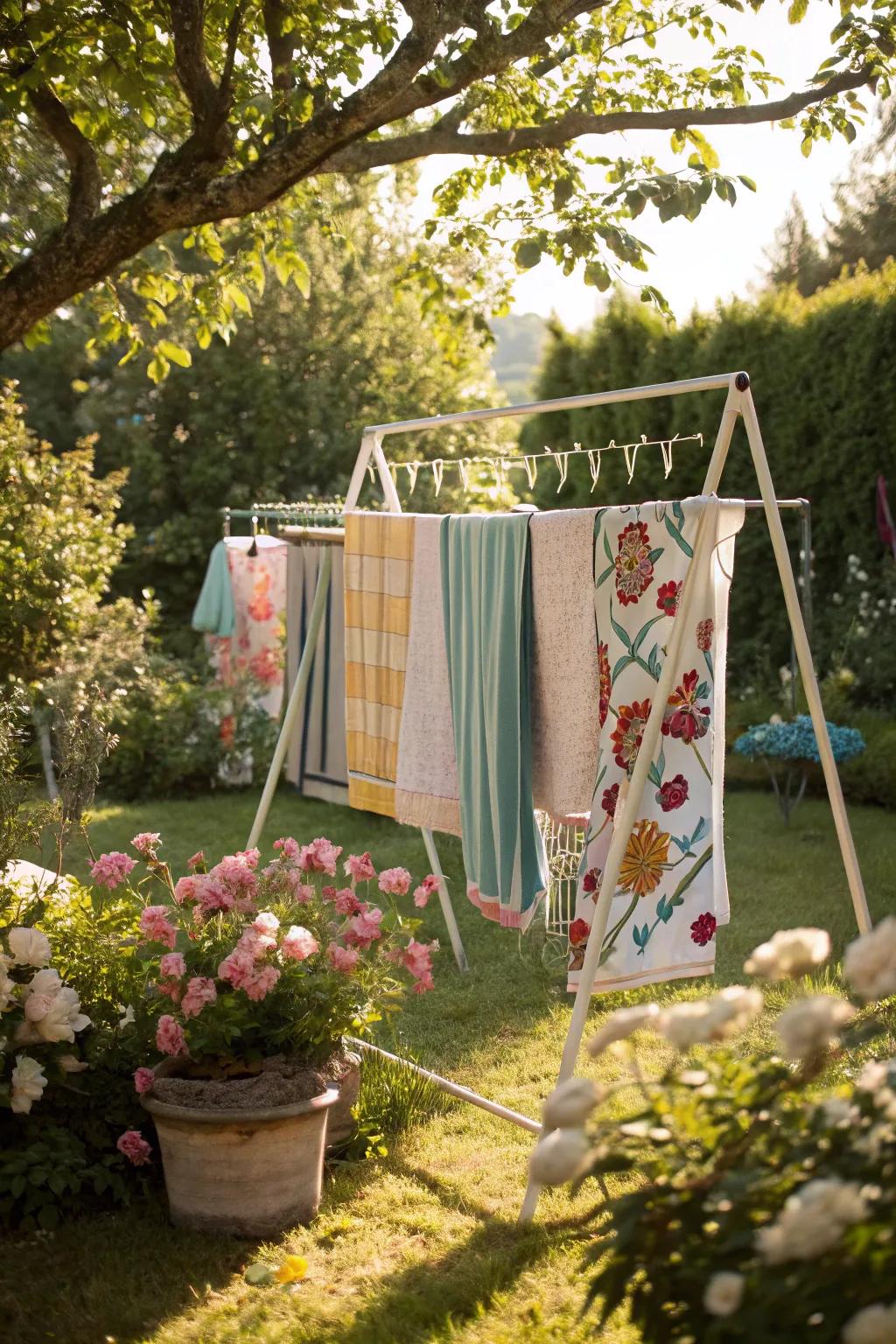 A portable clothesline with a vintage feel adds charm to this garden.