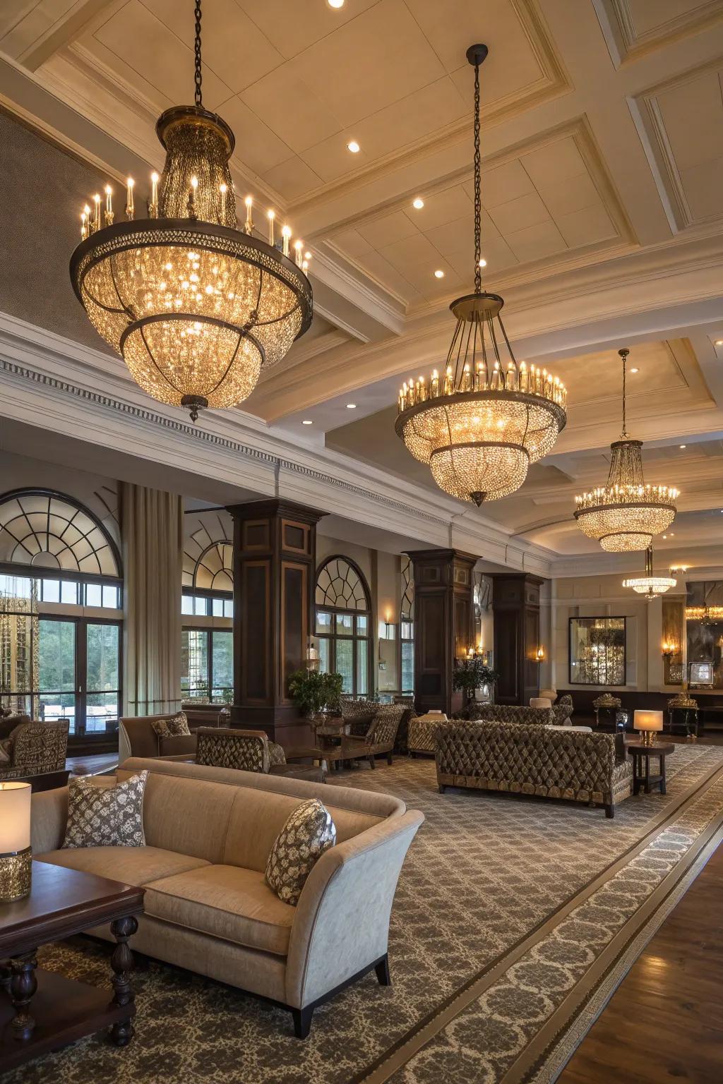 Striking illumination options enhancing sophistication in a clubhouse.