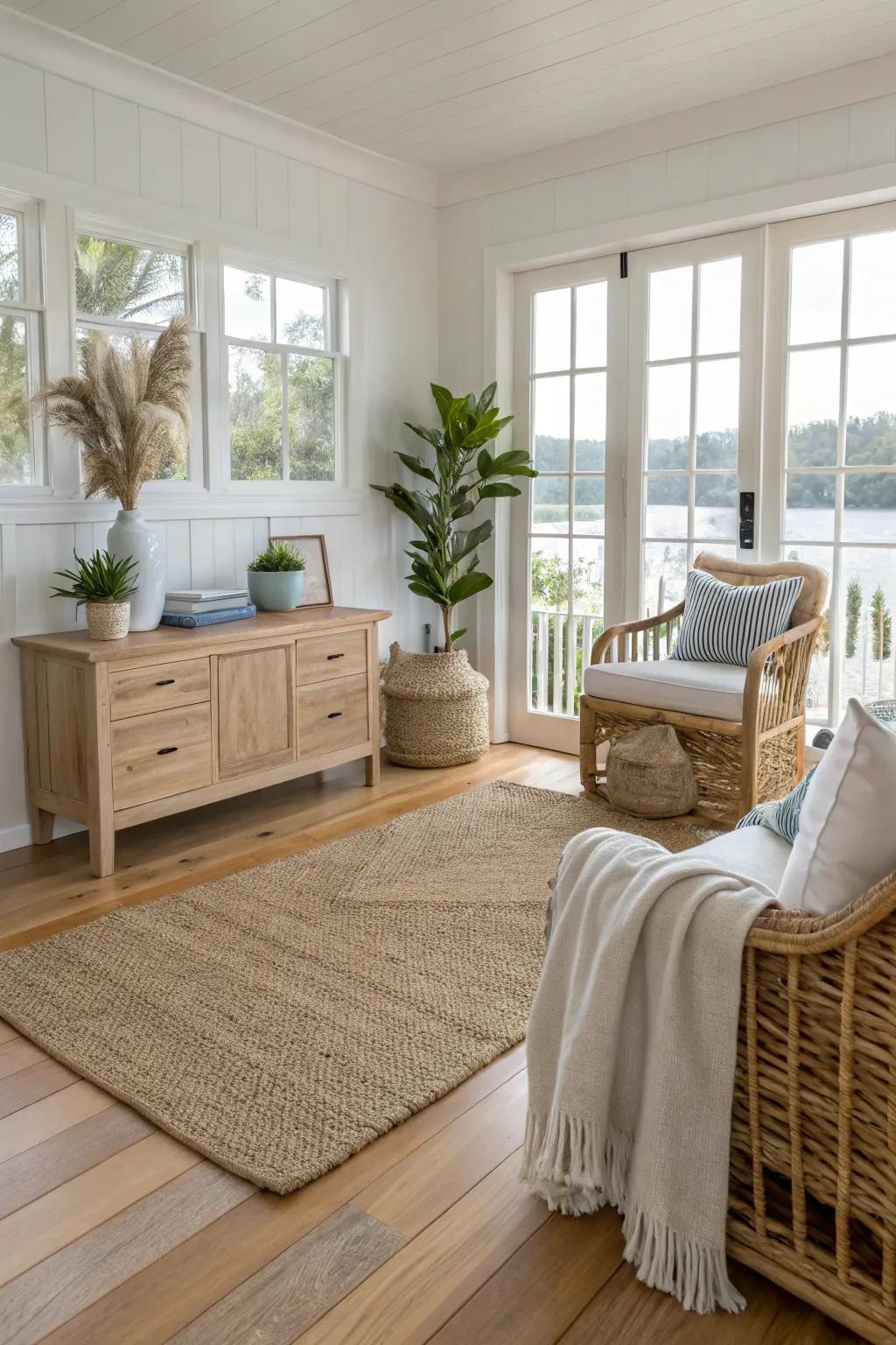 Textured rugs deliver an earthy, coastal base.