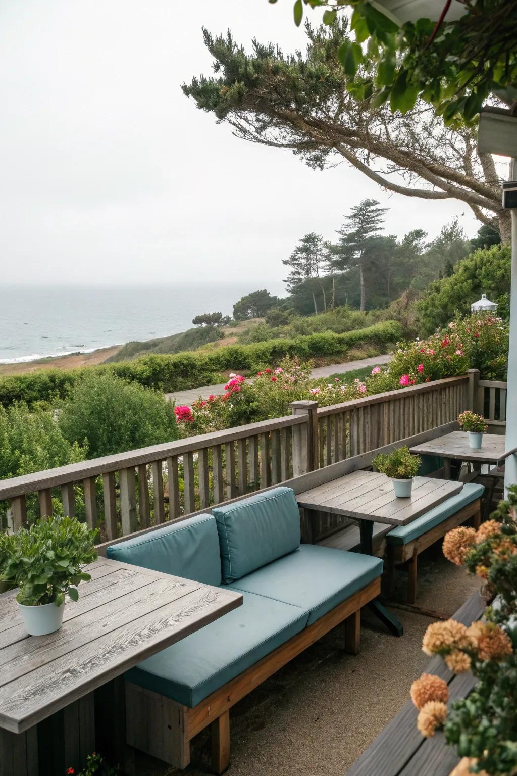 Outdoor seating areas encourage relaxation in a coastal ambiance.