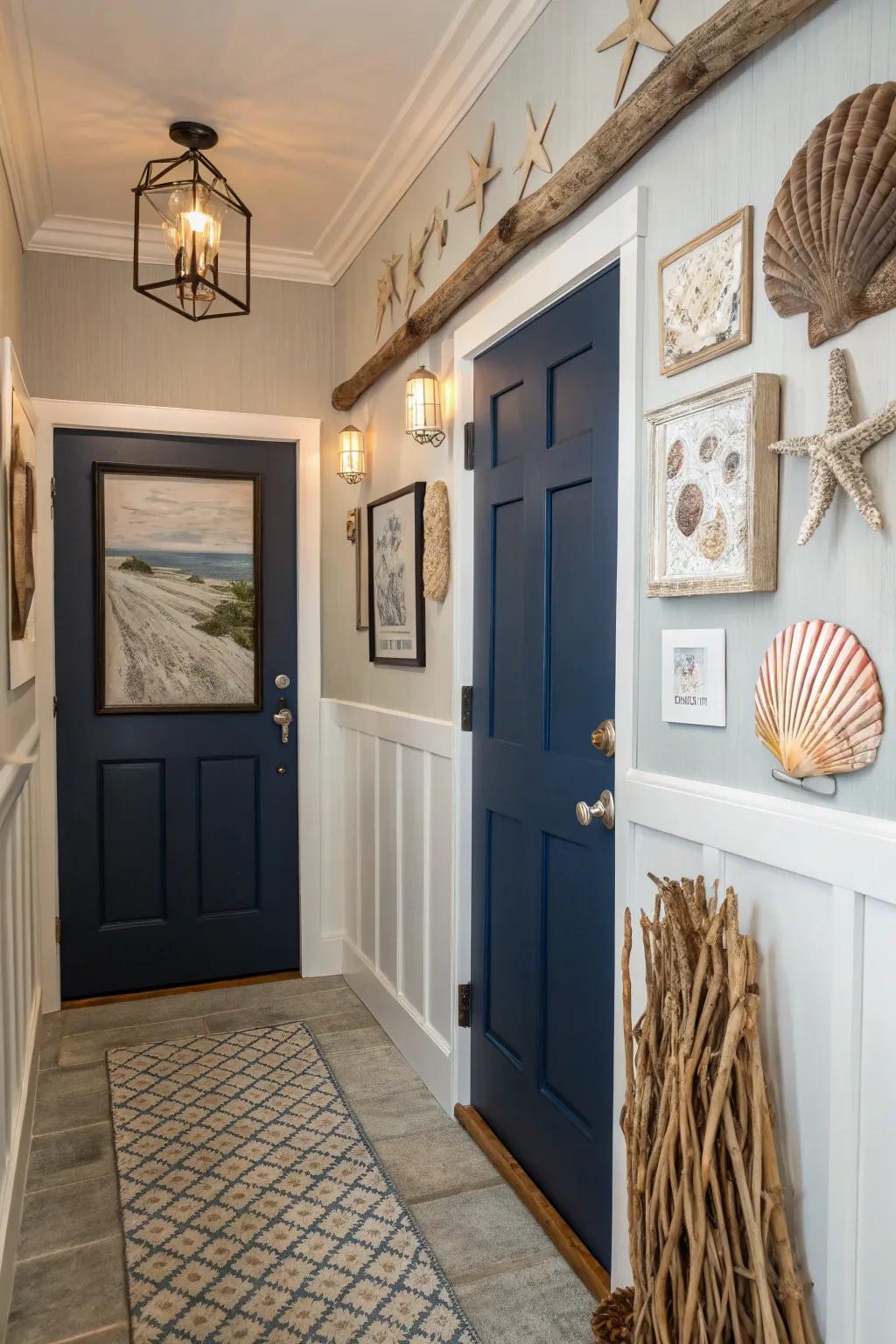 Nautical navy adds sophistication to coastal themes.