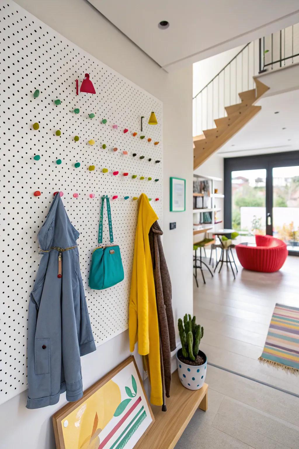 A geometric pegboard coat rack presenting a customizable and modern solution.