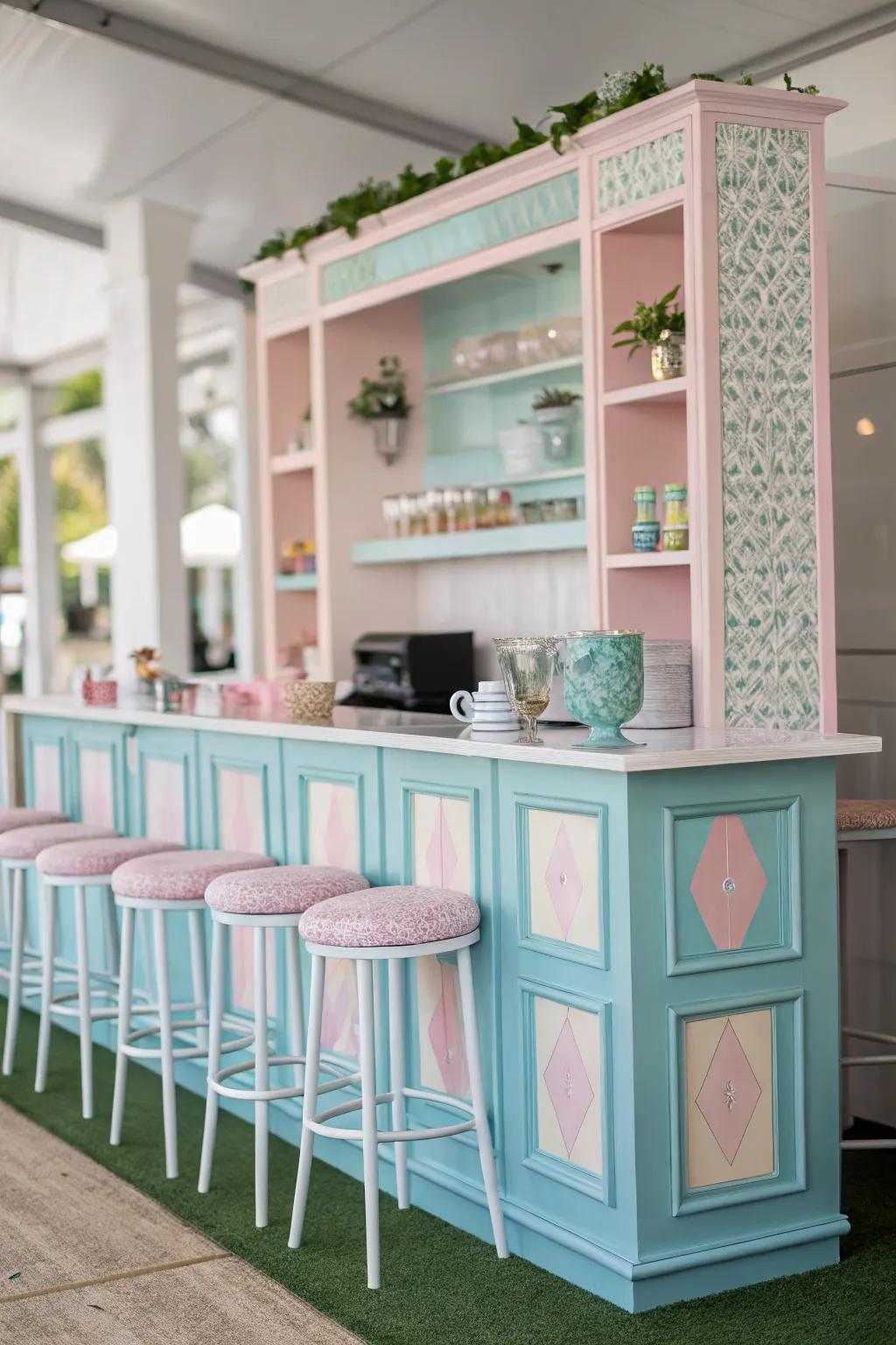 A color-coordinated coffee bar that enhances the room's aesthetics.
