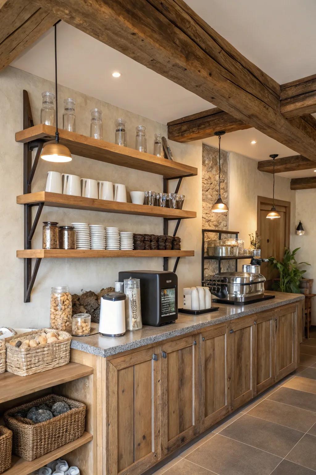 A rustic-style coffee bar with timber accents.