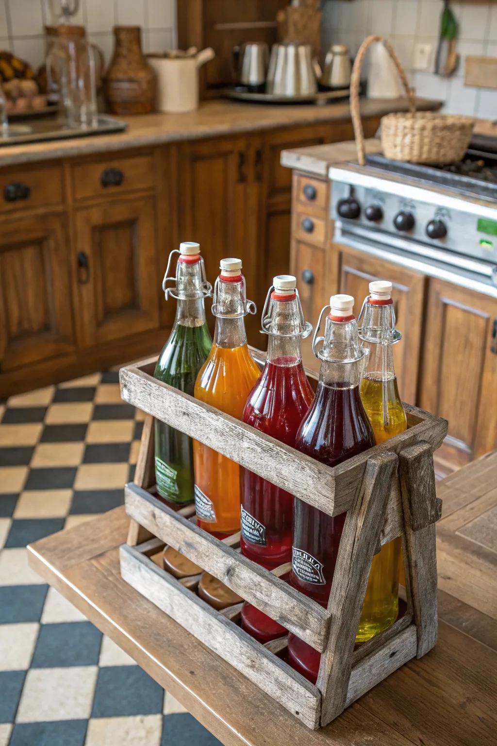 Old-fashioned glass bottles provide a charming, nostalgic appeal.