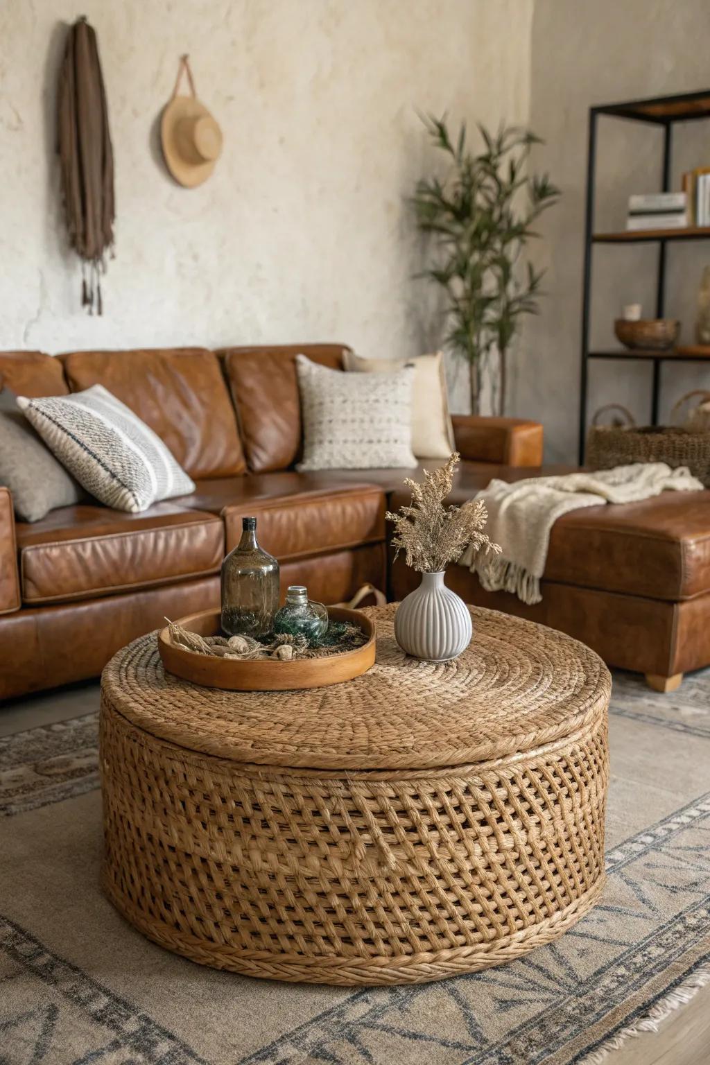 A woven center table gives a sleek leather sectional texture and warmth.