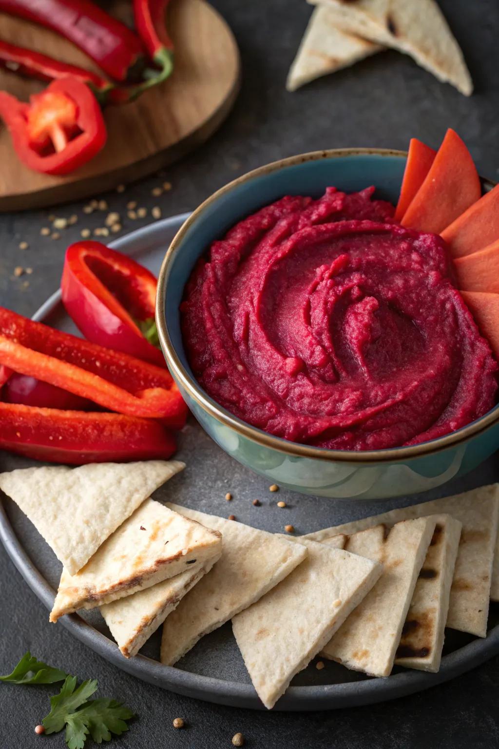 Lively carmine root vegetable dip presented with red pepper strips.