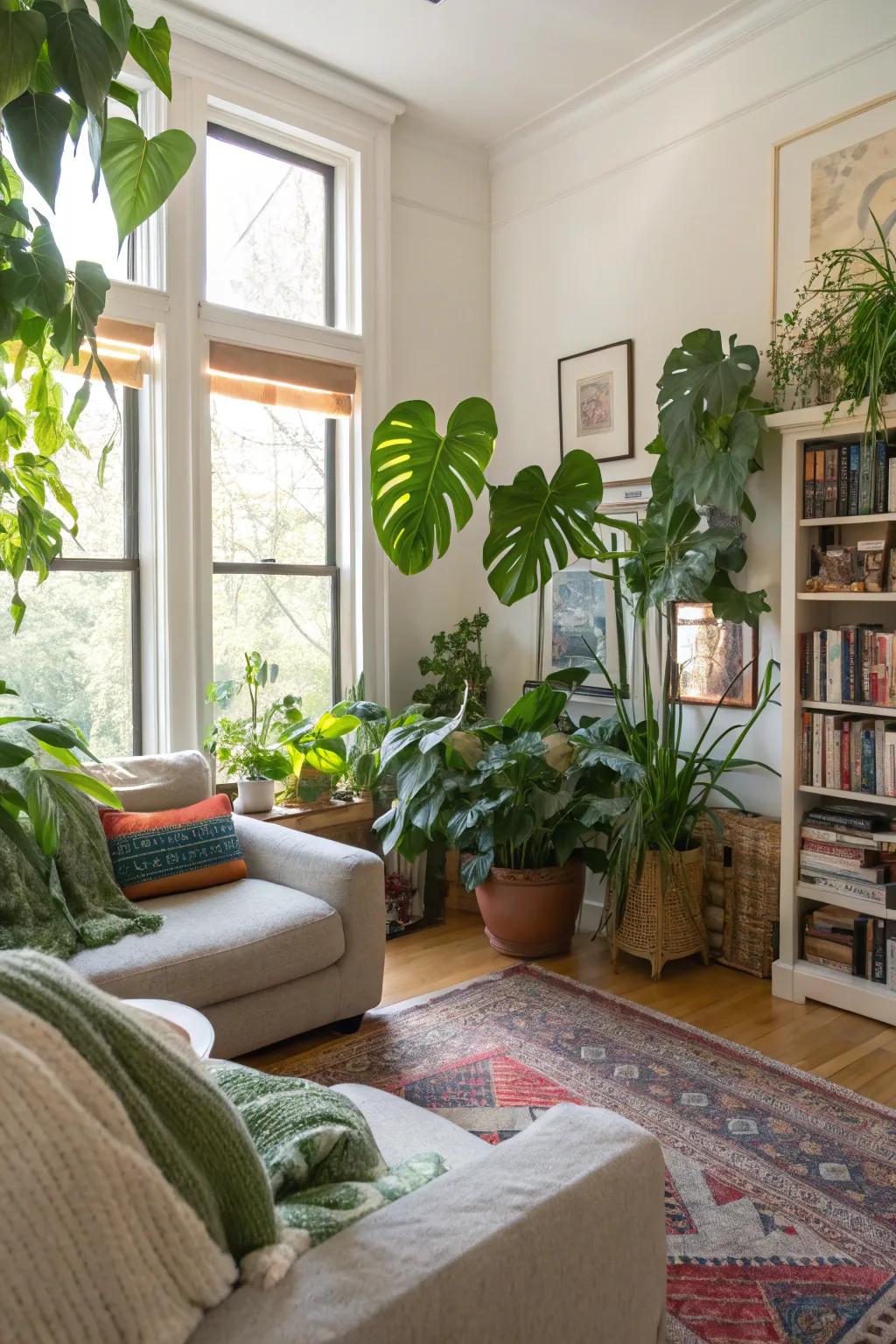 Vibrant green plants fill this airy living area with life and energy.