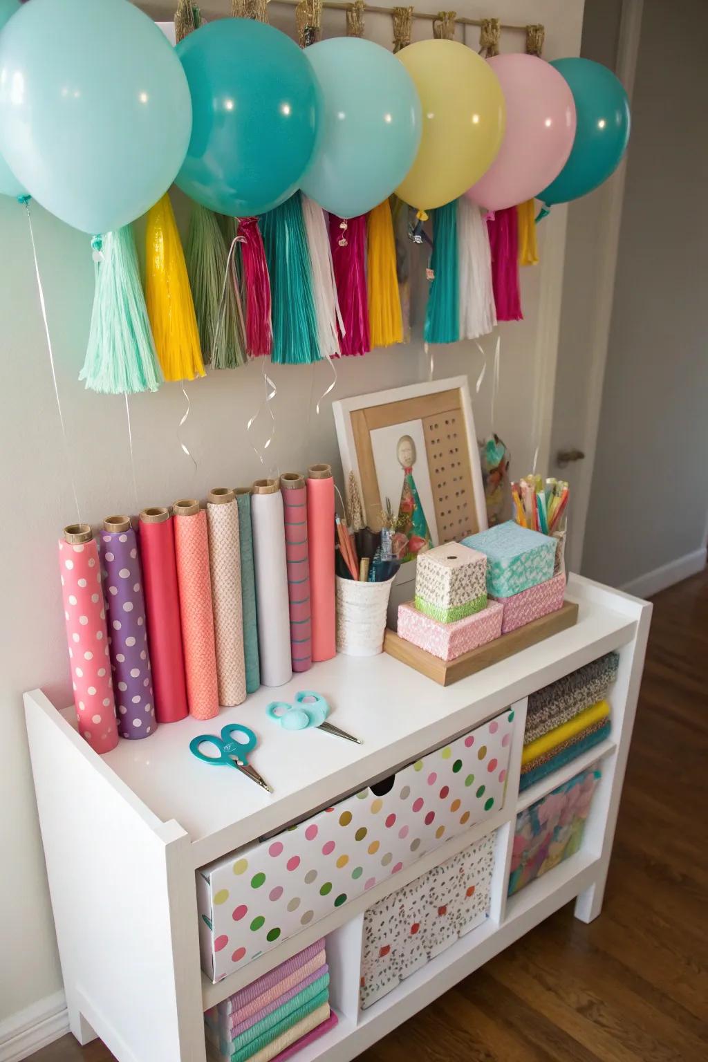 A personalized gift wrap area catering to both celebratory themes.