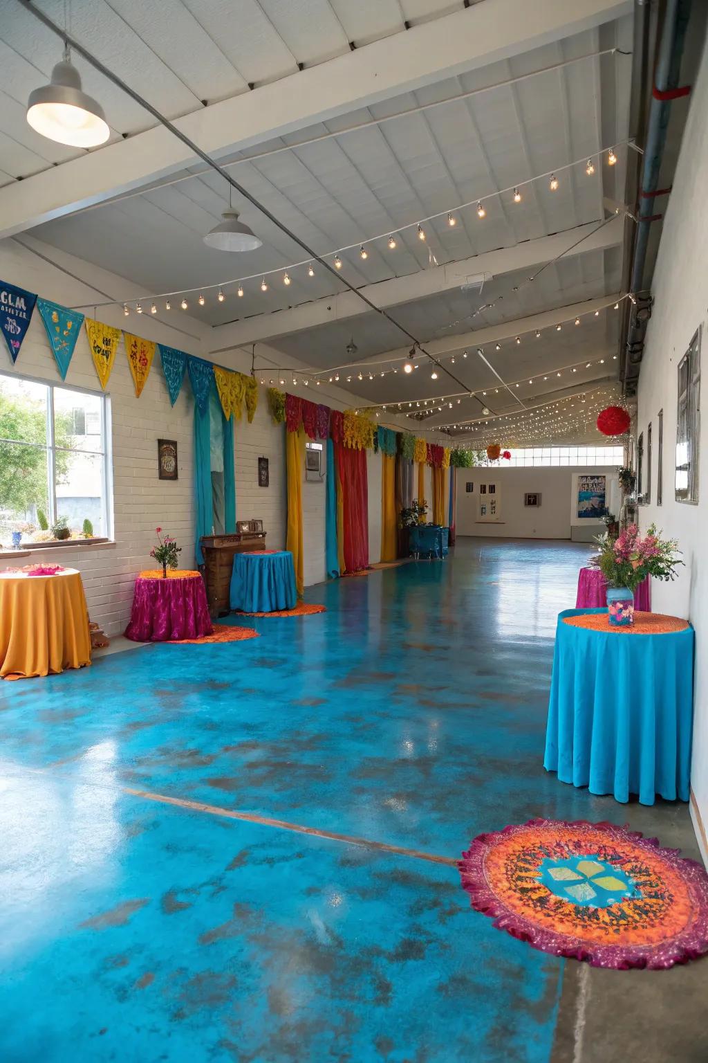 Stained concrete floors introduce a burst of color and individuality.