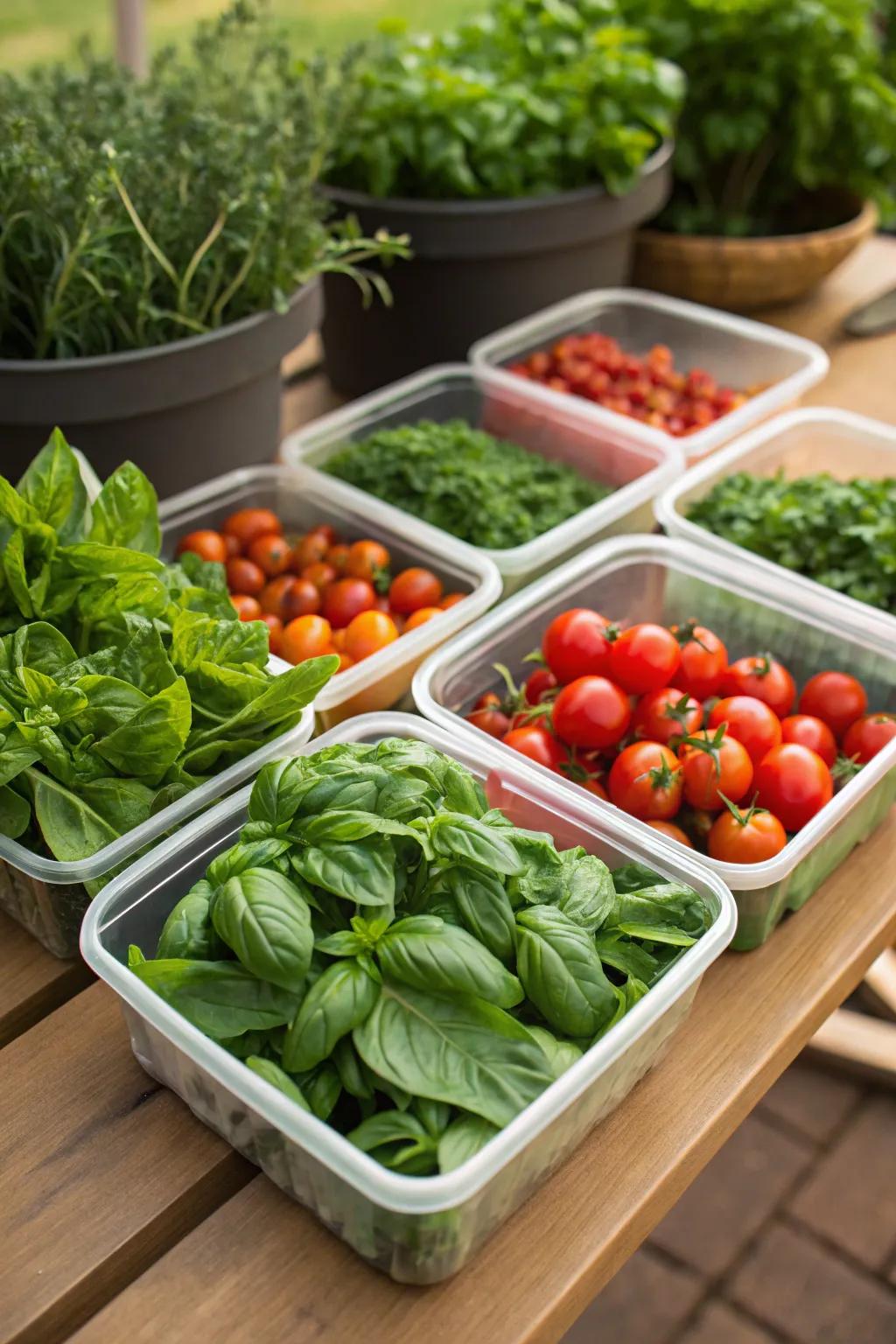 A vegetable garden with pots of herbs and produce.