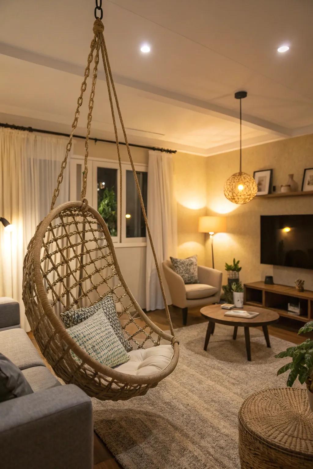 A hanging seat introduces a fanciful element to this elegant living room.