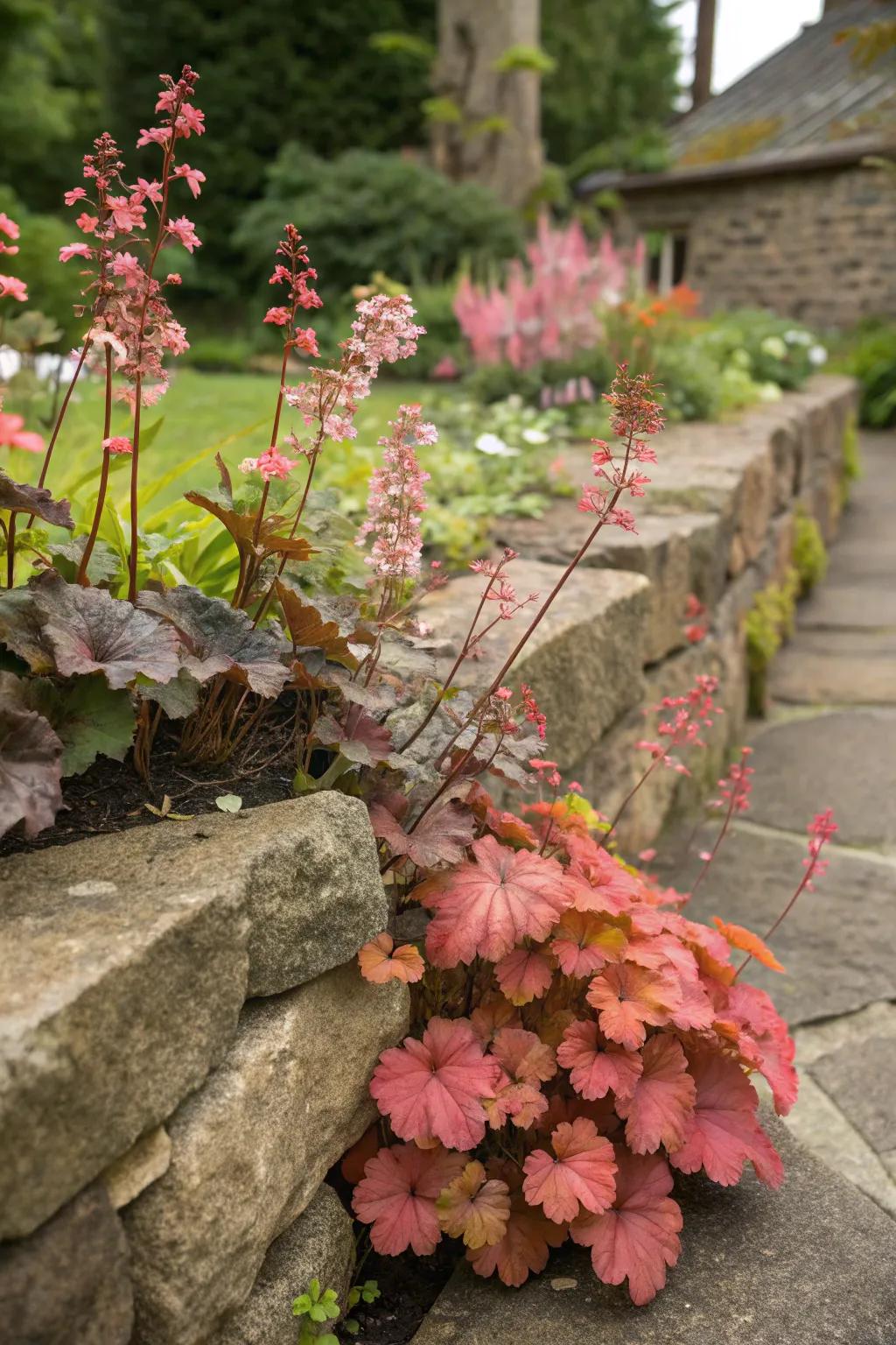 Huecheras lend radiant color to a rock-laden feature in the garden.