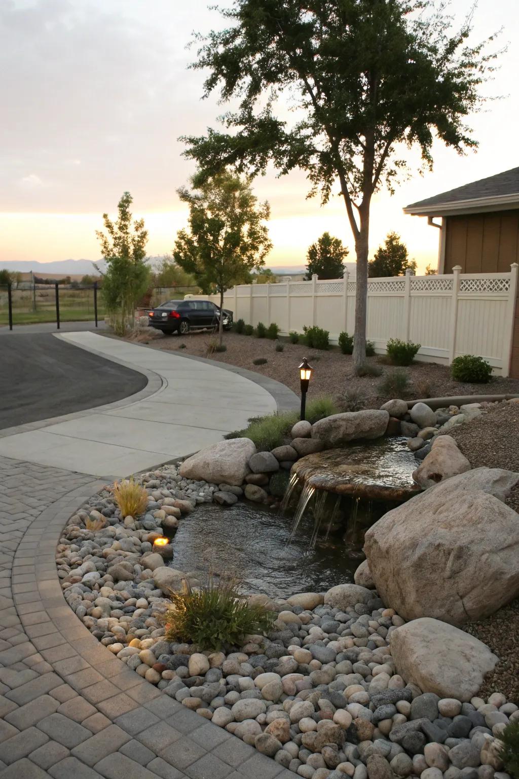An enchanting water feature elevating the driveway ambiance.