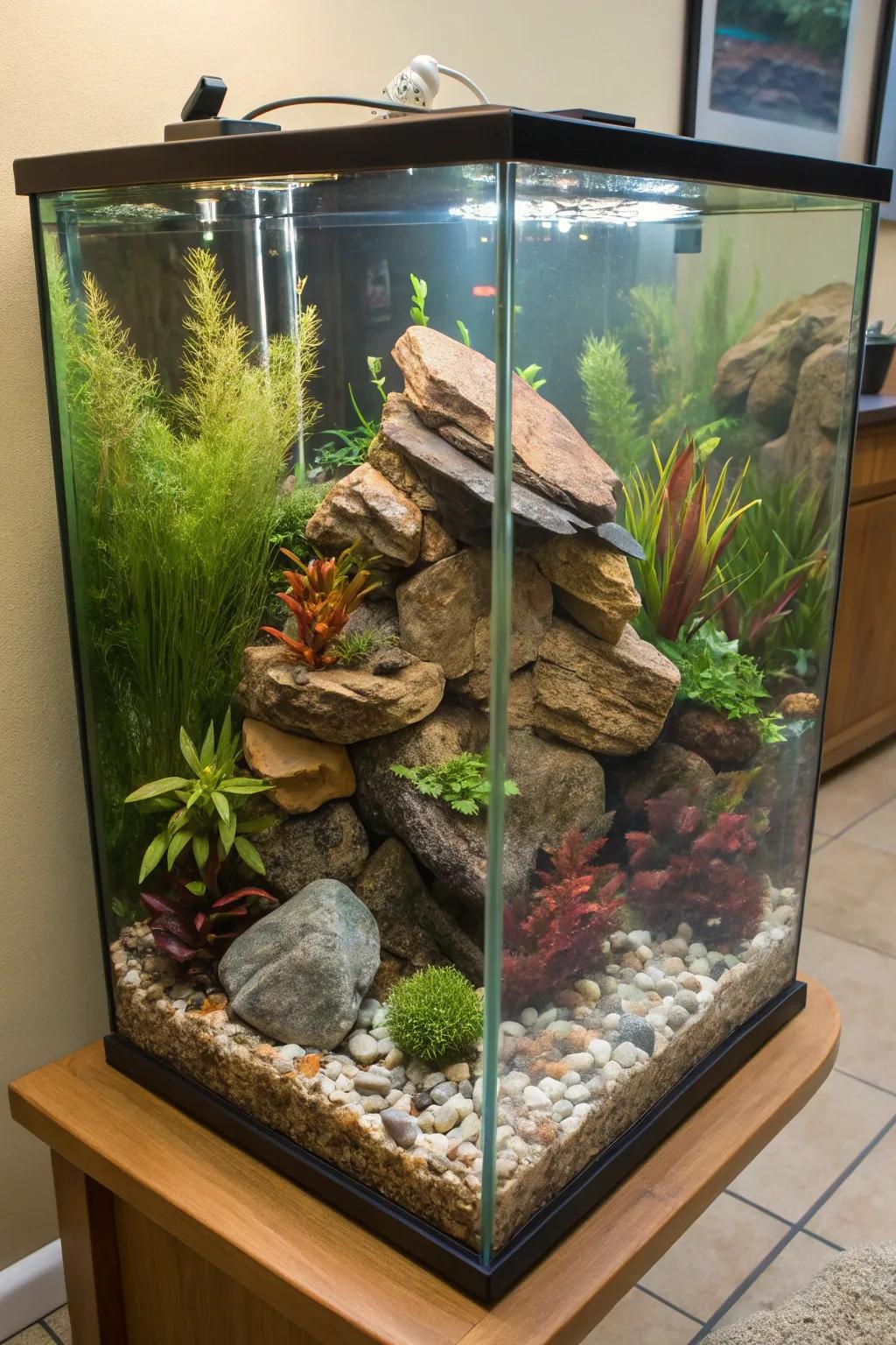 Inventive aquatic landscaping transforms a corner tank into an underwater masterpiece.
