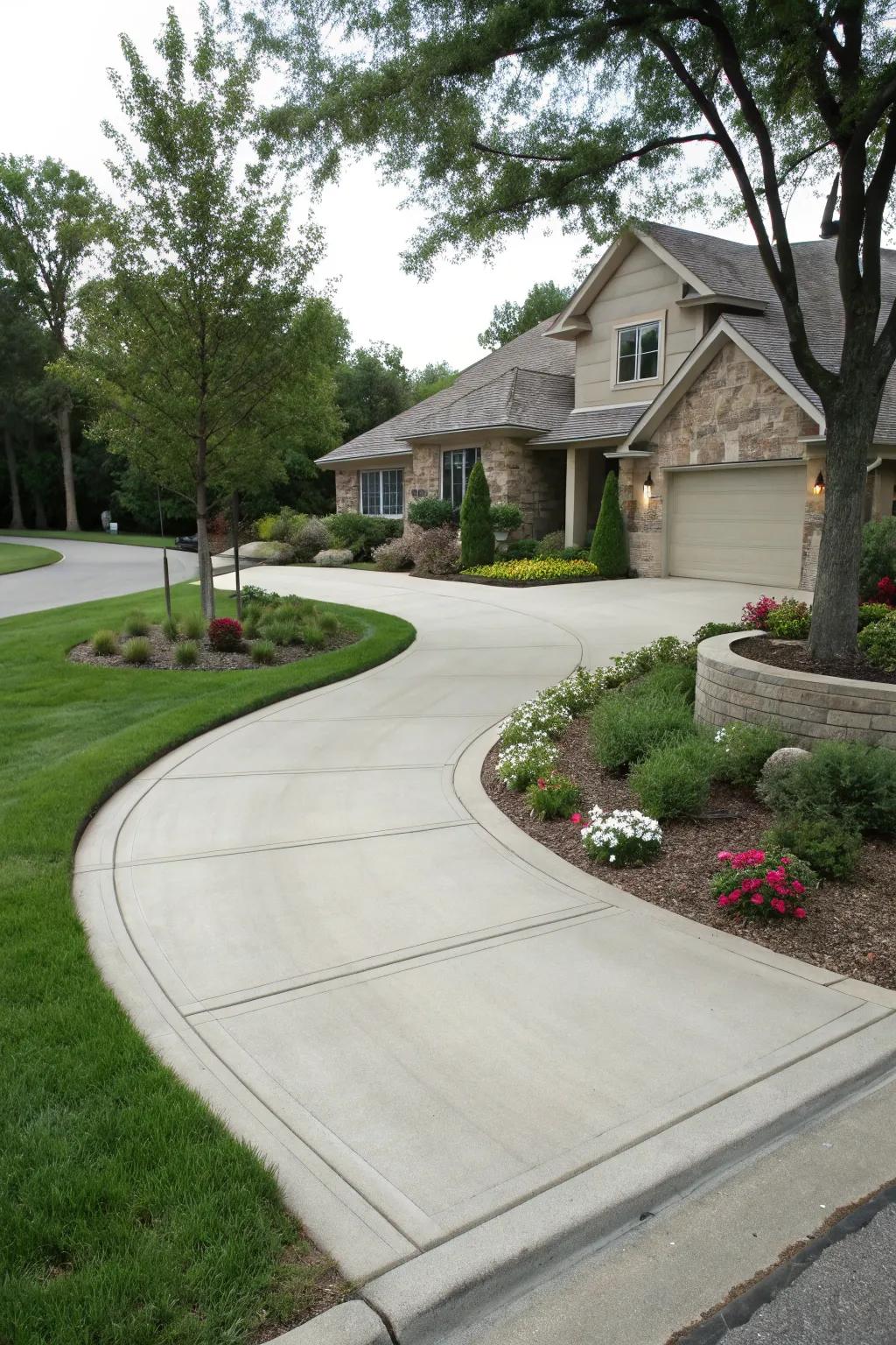 A driveway smoothly integrating with the walkway.