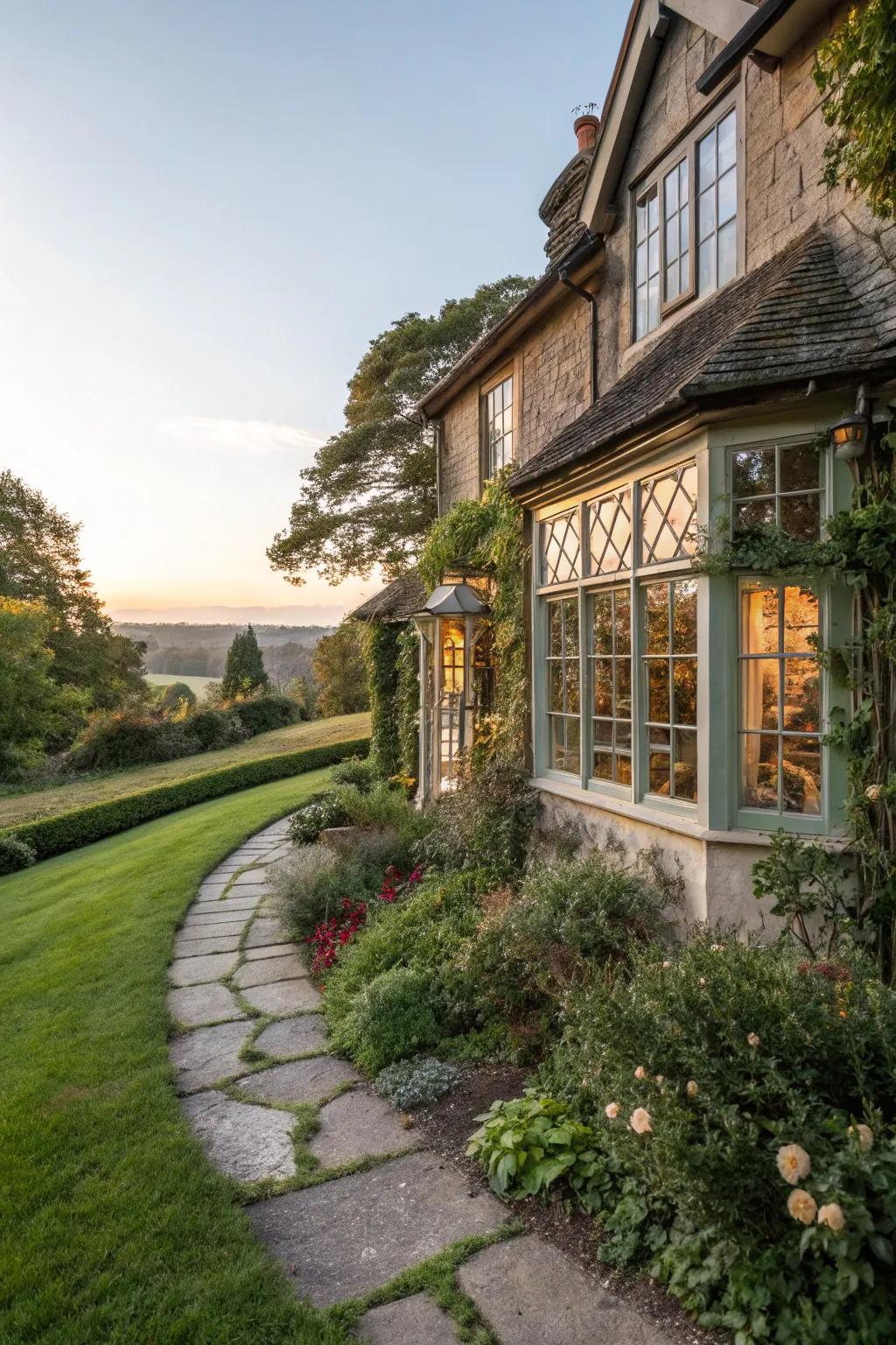 Expansive windows usher natural light and garden scenery into the cottage.