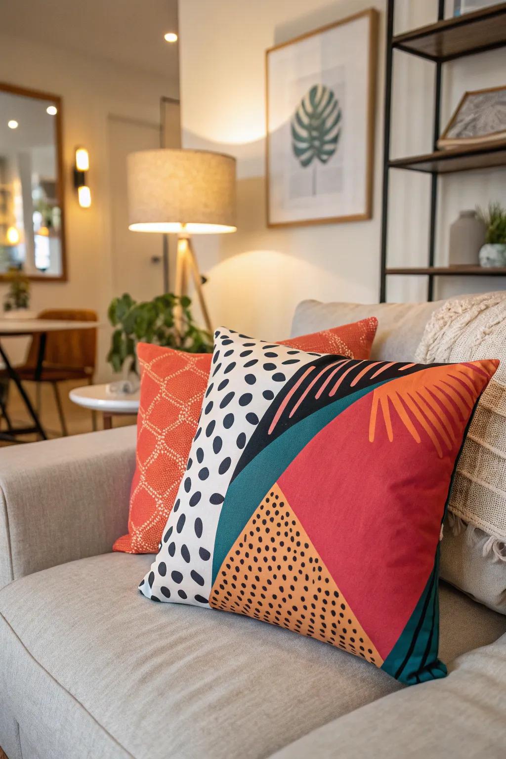 A statement cushion serves as an impressive focal element.