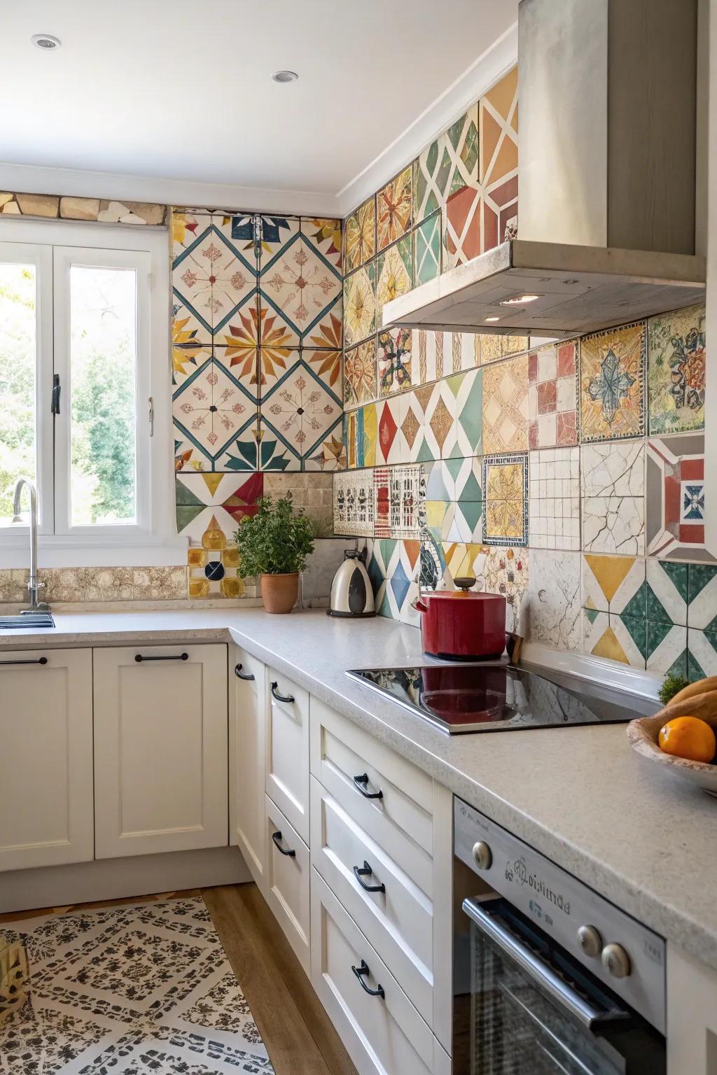 Geometric patterns transform kitchen backsplashes into artistic centerpieces.