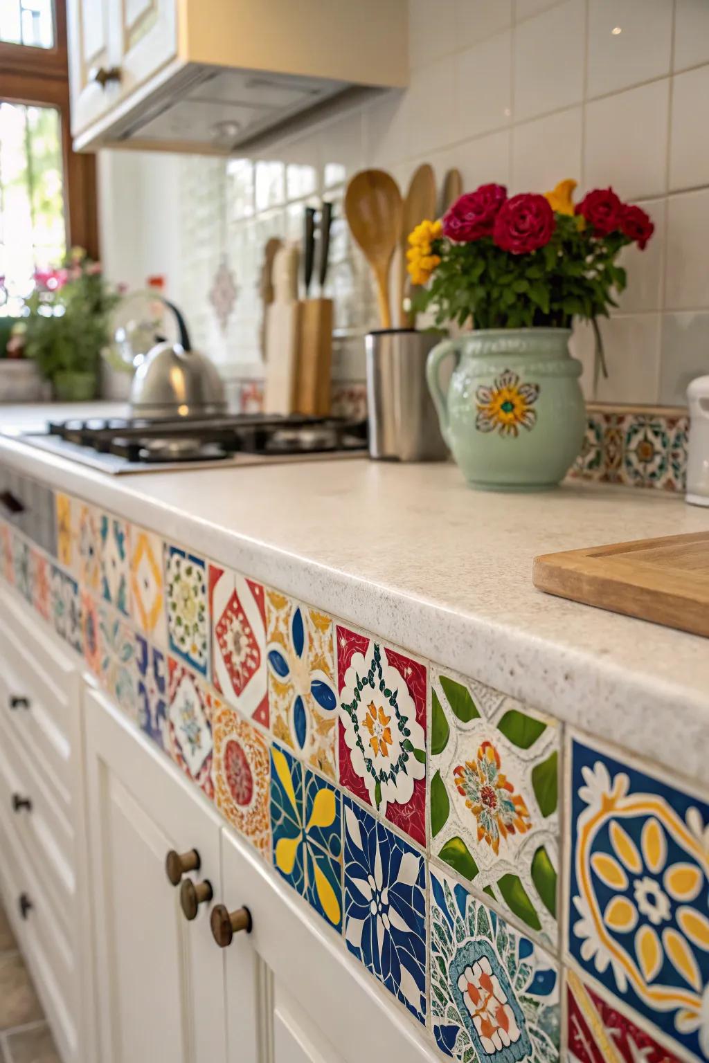 Creative tiled end treatments infuse color and energy into the kitchen.