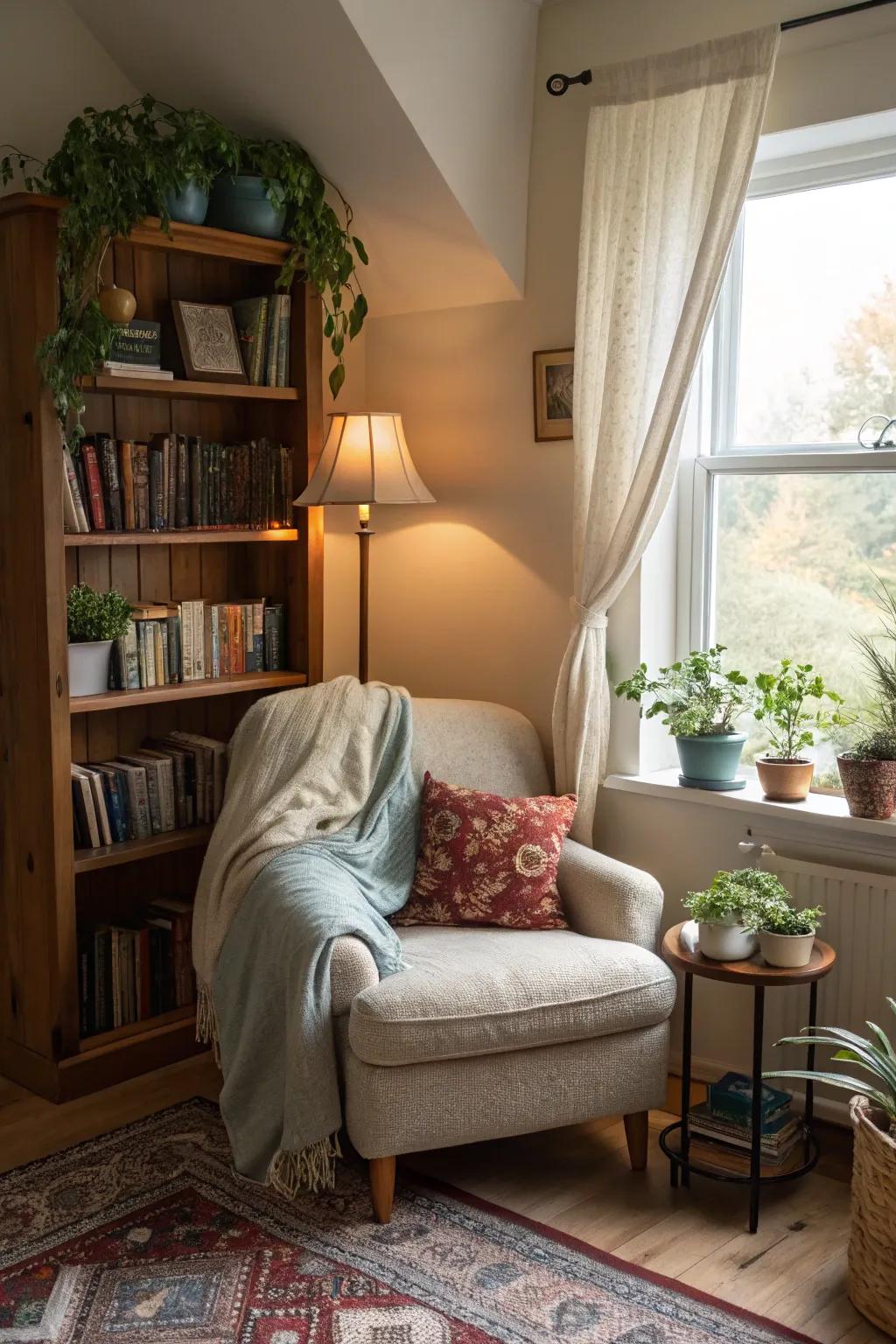 A reading place delivers a comfortable getaway inside the bedroom.