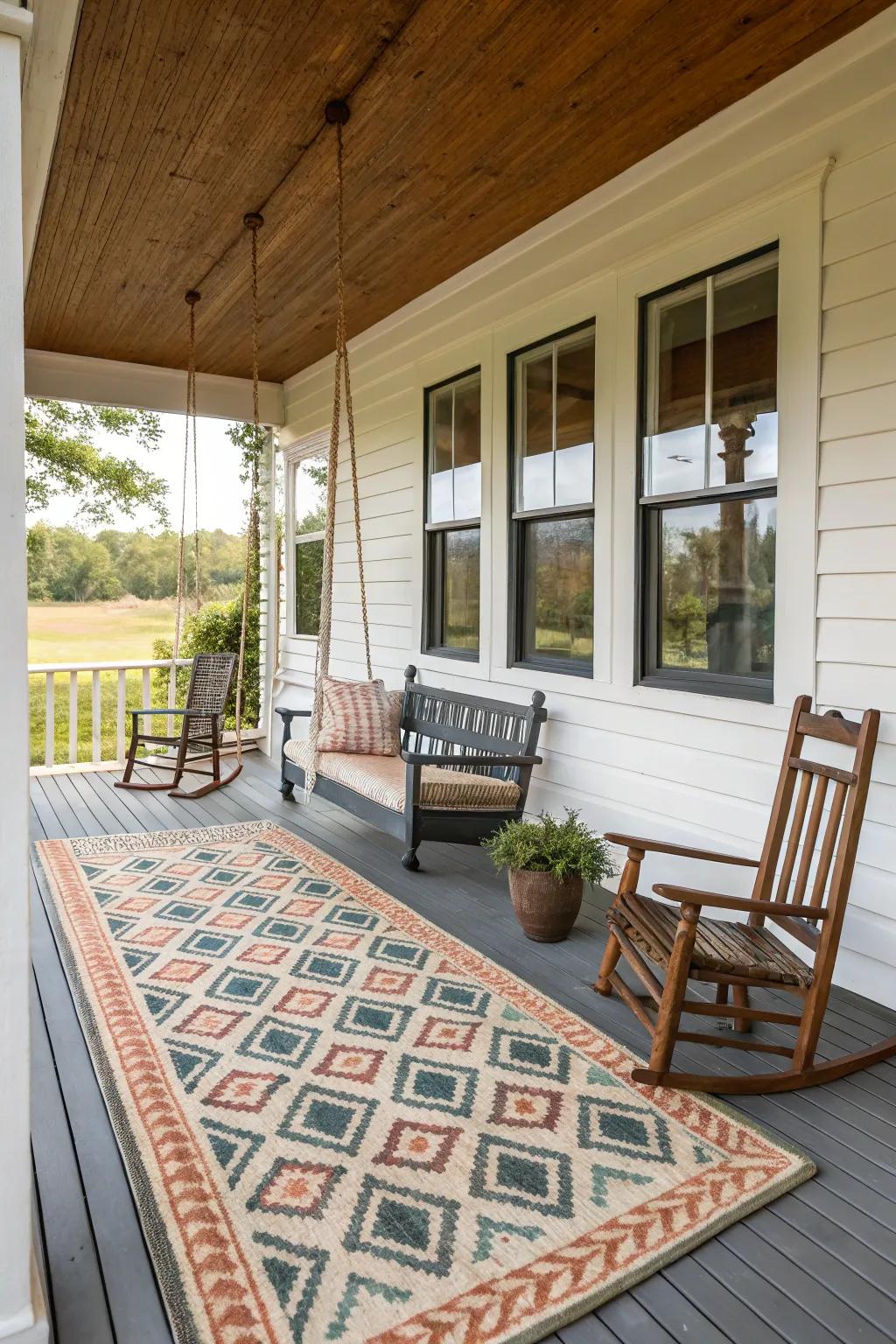 An outdoor ground cover adds feel and defines space on this farmhouse porch.