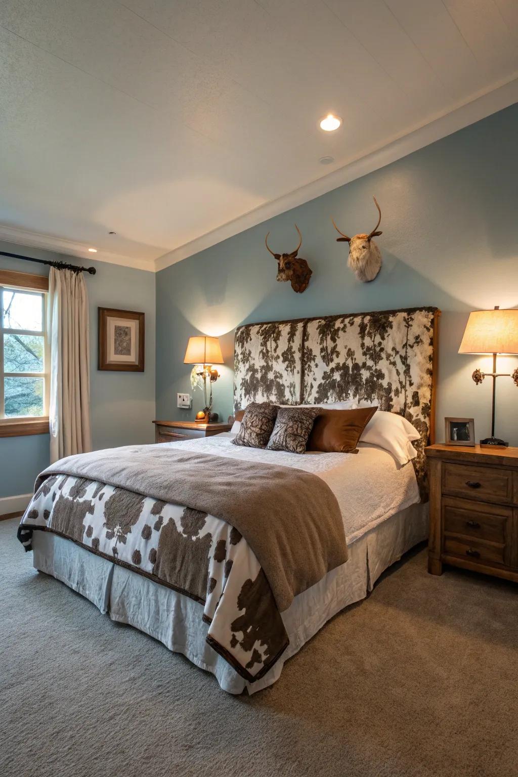 A bedroom enhanced with a rustic animal hide headboard.